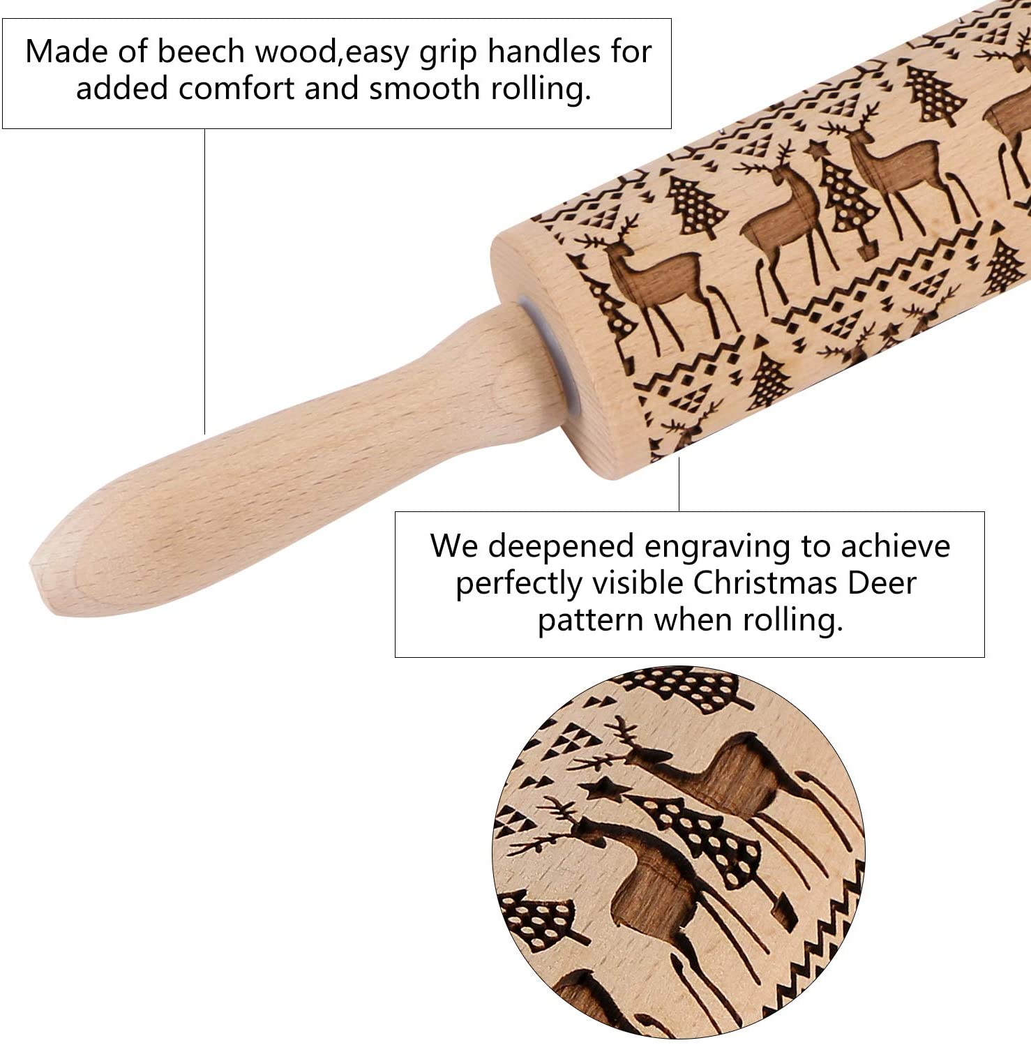 Christmas Embossed Wooden Rolling Pins Wooden Laser Engraved 3D Rolling Pin for Making Cookie Dough Crusts Pies Pastry