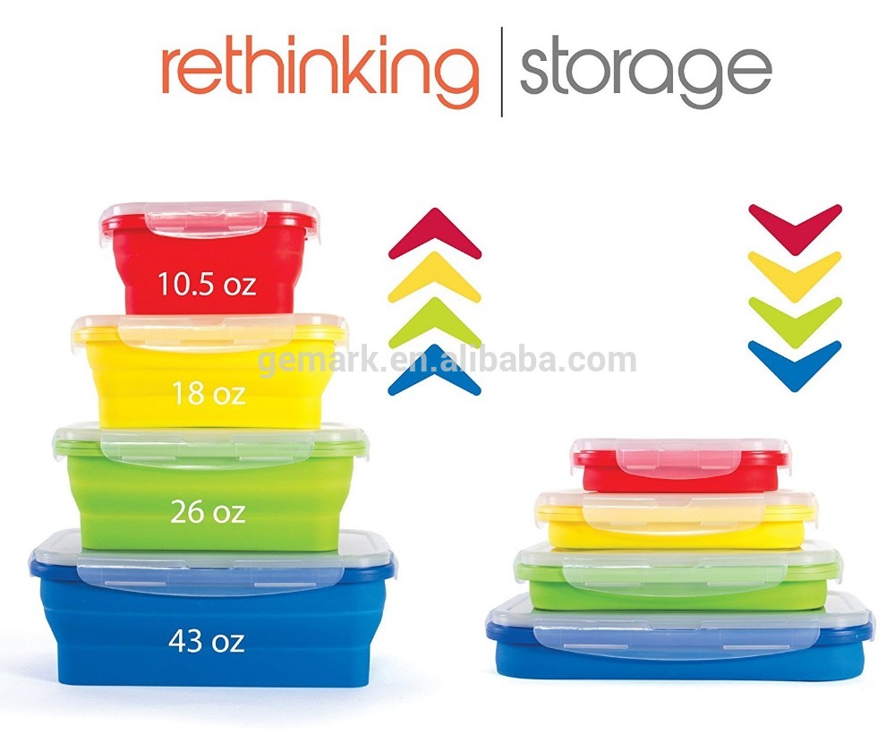 Set of 4 Square Silicone Food Storage Contain Airtight Collapsible silicone food box foldable container food storage box