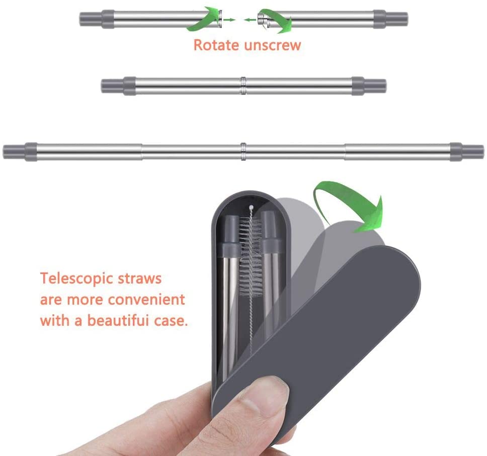 2 Pack Collapsible Reusable Straws Fyore Telescopic Stainless Steel Metal Drinking Straws